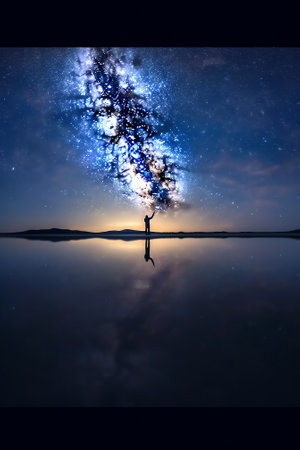 Generative AI : An amazing panoramic view of the Milky Way above Atacama Desert vast sand fields An awe night sky view with our galaxy arm creating an arch in between the stars Anの素材