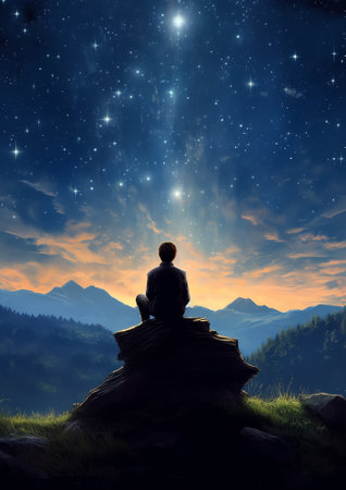 Generative AI : A man sitting on a bench staring at a starry sky with a Milky Way and a mountain landscapeの素材