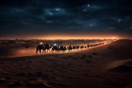 Generative AI : Camel caravan in the desert at sunrise Beautiful sand dunes in the Sahara desert at sunrise with super full moon Sahara Morocco Elements of this image furnished byの素材