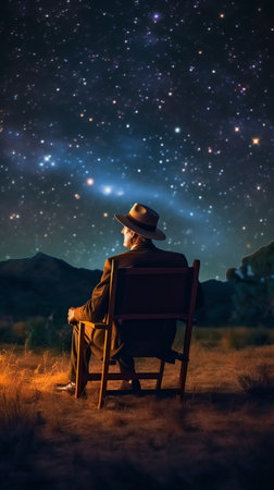 Generative AI : A man sitting on a bench staring at a starry sky with a Milky Way and a mountain landscapeの素材