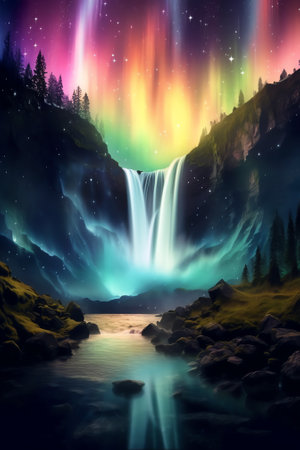 Generative AI : Colorful waterfall with milky wayの素材