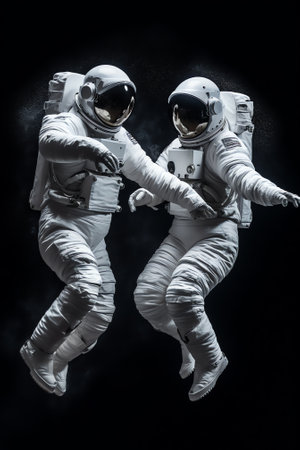 Generative AI : Astronauts in spacesuits work in outer space near to spaceship Spacemans isolated on black background Elements of this image furnished by NASAの素材