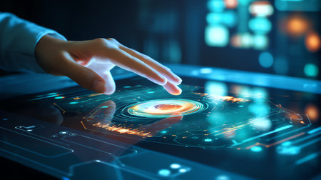 Generative AI : Finger touch interface involving very modern futuristic technology and designwith innovative humanitycreating and developing technology of modern world Elements ofの素材