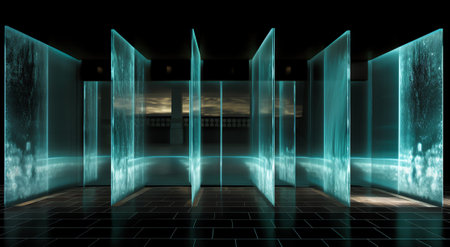 Generative AI : Dark abstract futuristic background Scene with stairs up Seabed large abstract aquarium sea waves Blue neon light concrete floor reflected in waterの素材