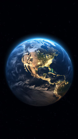 Generative AI : Earth planet in the night in outer space City lights on planet Earth globe isolated on black background Solar system element Elements of this image furnished by NASの素材