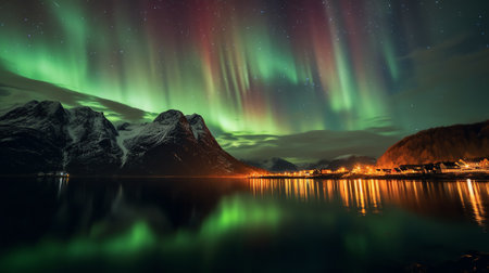 Generative AI : Aurora borealis over the sea snowy mountains and city lights at night Northern lights in Lofoten islands Norway Starry sky with polar lights Winter landscape with aの素材