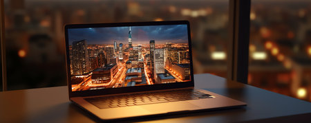 Generative AI : Flight routes airplanes connection and world map on laptop computer screen on table over cityscape on warm light sundown Airplane transportation network Elements ofの素材