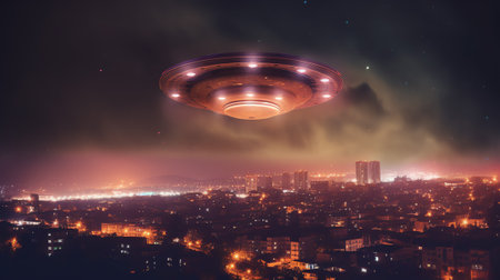 Generative AI : Amazing fantastic background extraterrestrial aliens spaceship fly above small town ufo with blue spotlights in dark stormy sky Elements of this image furnished byの素材