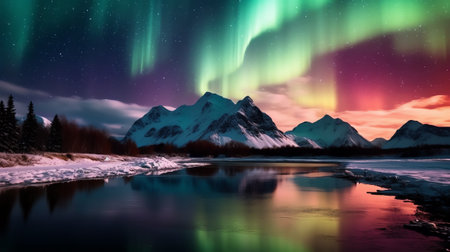 Photo for Generative AI : Aurora Borealis Over Mountains Within Denali National Park On A Very Cold Winter Night The Andromeda Galaxy Is Visible To The Left Alaska United States Of America - Royalty Free Image