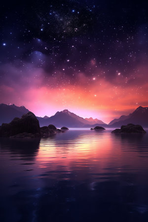 Generative AI : Arched Milky Way over the beautiful mountains and blue sea at night in summer Colorful landscape with bright starry sky with Milky Way arch moonlight constellationの素材