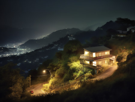 Generative AI : Beautiful Tonglu a small hill station in Darjeeling at night time with sky and starsの素材