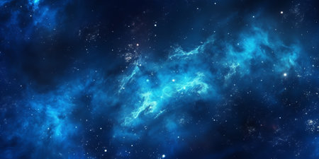 Generative AI : Astrophotography of a dark blue starry sky with many stars nebulae and galaxies Panoramic wide horizontal photo for banner head coverの素材