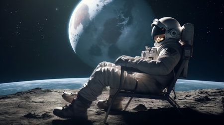 Generative AI : Astronaut sits on his knee on the lunar surface and pours blue earths soil through his fingers Planet Earth rise at the horizon Elements of this image furnished byの素材