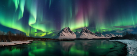 Generative AI : Aurora borealis over the sea snowy mountains and city lights at night Northern lights in Lofoten islands Norway Starry sky with polar lights Winter landscape with aの素材