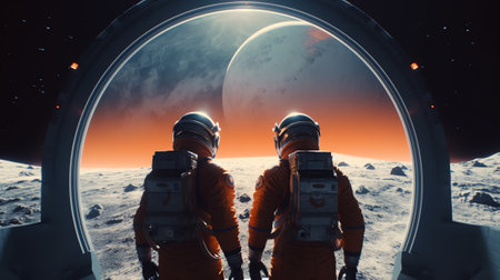 Generative AI : Crew of two astronauts standing in the tunnel looking at the the planet Earth and milky way galaxy High tech concept of Moon colonization and space travel Elementsの素材