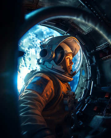 Generative AI : Astronauts in spacesuits work in outer space near to spaceship View through the window of the spacecraft Planet Earth in the window of the space shuttle Elements ofの素材