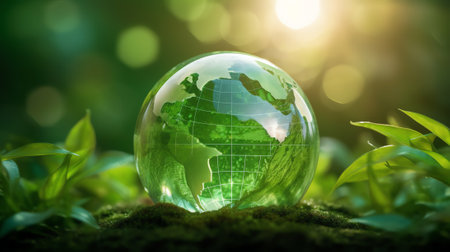 Generative AI : Earth sit on green leaf with a lot of water drops on blur light background Sustainable development for save green world and water concept Elements of this image furの素材