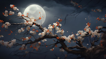 Generative AI : Beautiful cherry blossom sakura flowers with Milky Way star in night skies full moon Retro style artwork with vintage color toneElements of this moon image furnisheの素材