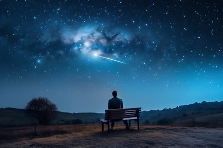 Generative AI : A man sitting on a bench staring at a starry sky with a Milky Way and a mountain landscapeの素材
