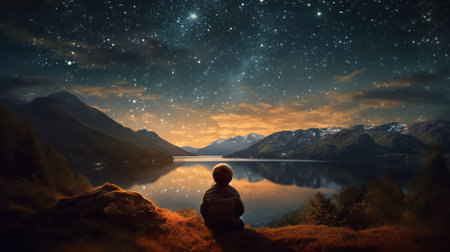 Generative AI : A man sitting on a bench staring at a starry sky with a Milky Way and a mountain landscapeの素材