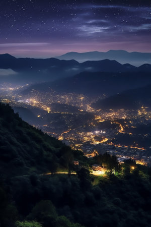 Generative AI : Beautiful Tonglu a small hill station in Darjeeling at night time with sky and starsの素材
