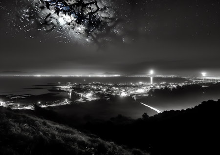 Generative AI : Beautiful nightscscape with milky way rising in Kudat Sabah North Borneo Image contain Noise and Grain due to High ISO Image also contain soft focus and blur due toの素材