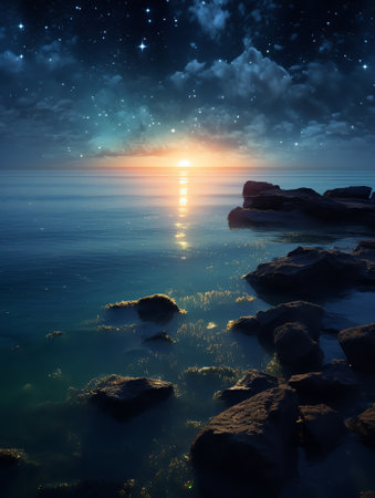 Generative AI : Arched Milky Way over the beautiful mountains and blue sea at night in summer Colorful landscape with bright starry sky with Milky Way arch moonlight constellationの素材
