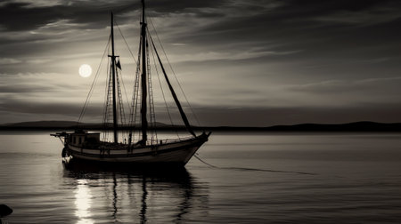 Generative AI : Bright and beautiful dramatic super moon over the ocean with small boat and reflection of bright light in black and white Image use for imply loneliness mood backgrの素材