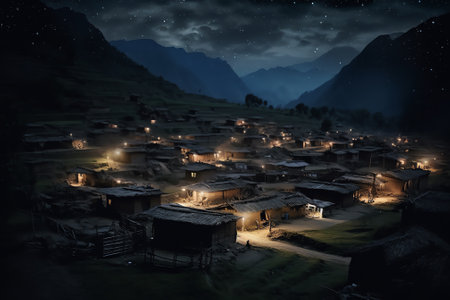 Generative AI : Beautiful Tonglu a small hill station in Darjeeling at night time with sky and starsの素材