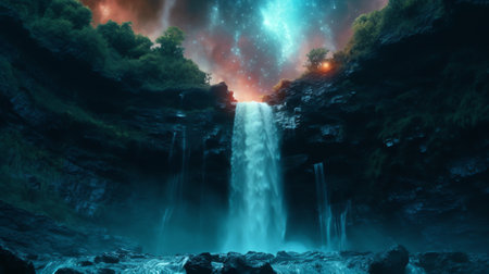 Generative AI : Colorful waterfall with milky wayの素材