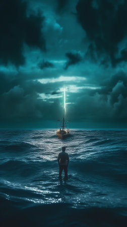 Generative AI : Boat drifting away in middle ocean after storm without course moonlight sky night skyline clouds background Nature landscape screen saver Life hope concept Elementsの素材