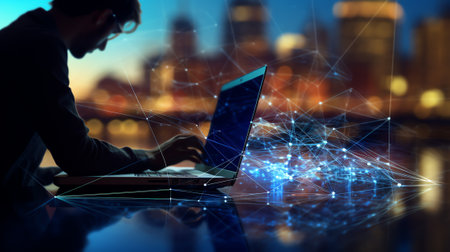 Generative AI : Flight routes airplanes connection and world map on laptop computer screen on table over cityscape on warm light sundown Airplane transportation network Elements ofの素材