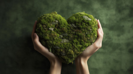 Generative AI : Earth in heart shape in hands in green blackground Make Every Day as Love Earth Day concept Elements of this image furnished by NASAの素材