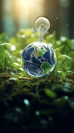 Generative AI : Earth sit on green leaf with a lot of water drops on blur light background Sustainable development for save green world and water concept Elements of this image furの素材