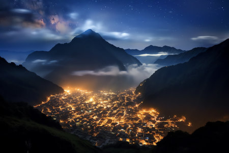 Generative AI : Beautiful Tonglu a small hill station in Darjeeling at night time with sky and starsの素材
