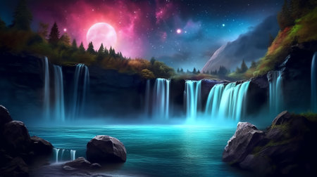 Generative AI : Colorful waterfall with milky wayの素材