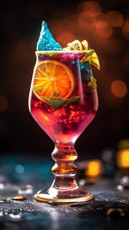 Generative AI : A refreshing drink called galaxy drink with a mix of purple and pink colors is very charming served in an attractive glass cupの素材