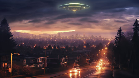 Generative AI : Amazing fantastic background extraterrestrial aliens spaceship fly above small town ufo with blue spotlights in dark stormy sky Elements of this image furnished byの素材