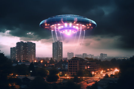Generative AI : Amazing fantastic background extraterrestrial aliens spaceship fly above small town ufo with blue spotlights in dark stormy sky Elements of this image furnished byの素材