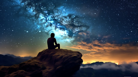 Generative AI : A man sitting on a bench staring at a starry sky with a Milky Way and a mountain landscapeの素材