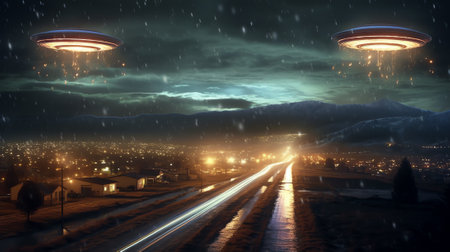 Generative AI : Amazing fantastic background extraterrestrial aliens spaceship fly above small town ufo with blue spotlights in dark stormy sky Elements of this image furnished byの素材