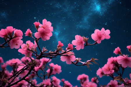 Generative AI : Beautiful cherry blossom sakura flowers with Milky Way star in night skies full moon Retro style artwork with vintage color toneElements of this moon image furnisheの素材