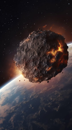 Generative AI : Asteroid in outer space near Earth planet Meteorite on orbit of Earth Ice meteor is solar system Elements of this image furnished by NASAの素材