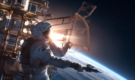 Generative AI : A team of astronauts performing work on a space station while orbiting over Earth The sun reflects off the surrounding waters Elements of this Image Furnished by NAの素材