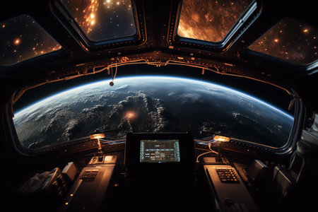 Generative AI : Cargo space craft and Earth planet Dark background Scifi wallpaper Elements of this image furnished by NASAの素材