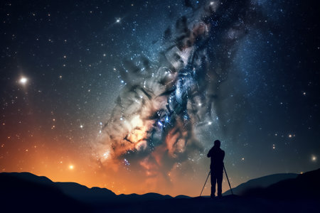 Generative AI : Blurred silhouette of a man observing the starry sky with the milky wayの素材