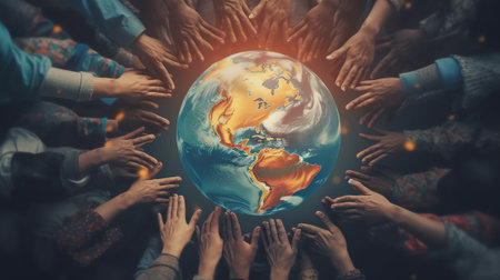 Generative AI : Conceptual symbol of multiracial human hands surrounding the Earth globe Unity world peace humanity concept World environment day Earth Day concept Elements of thisの素材