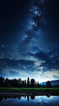Generative AI : Dark night sky Milky Way and stars on a dark background Starry sky over Chelyabinsk region Russiaの素材