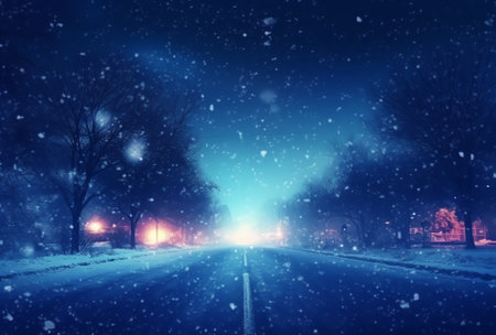 Generative AI : Empty night nature scene The night starry sky the rays of the blue neon spotlight Snowy winter night backgroundの素材
