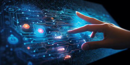 Generative AI : Finger touch interface involving very modern futuristic technology and designwith innovative humanitycreating and developing technology of modern world Elements ofの素材